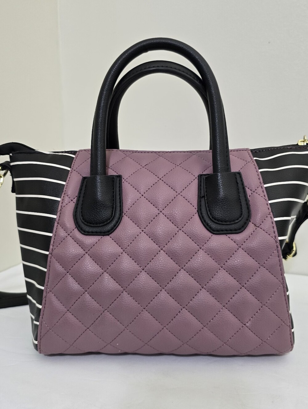 BETSEY JOHNSON luv betsey Quilted Striped Tote Crossbody Purse Bag Purple Black - Picture 6 of 16